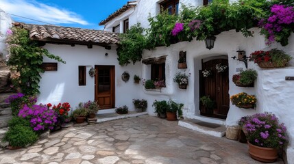 Naklejka premium Whitewashed Spanish courtyard with vibrant flowers