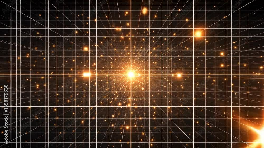 Poster bright starburst among lines of light in a cosmic grid pattern depicting the essence of the universe