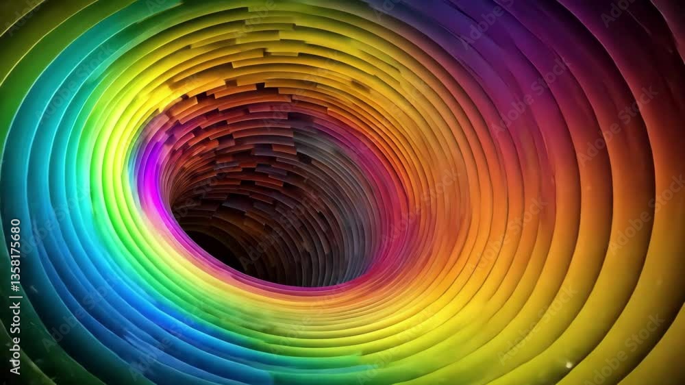 Poster a mesmerizing spiral of rapidly shifting prismatic shapes forms a vibrant tunnel effect, showcasing 
