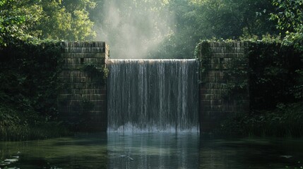 Serene Waterfall Cascading Over Abandoned Brick Structure in Forest