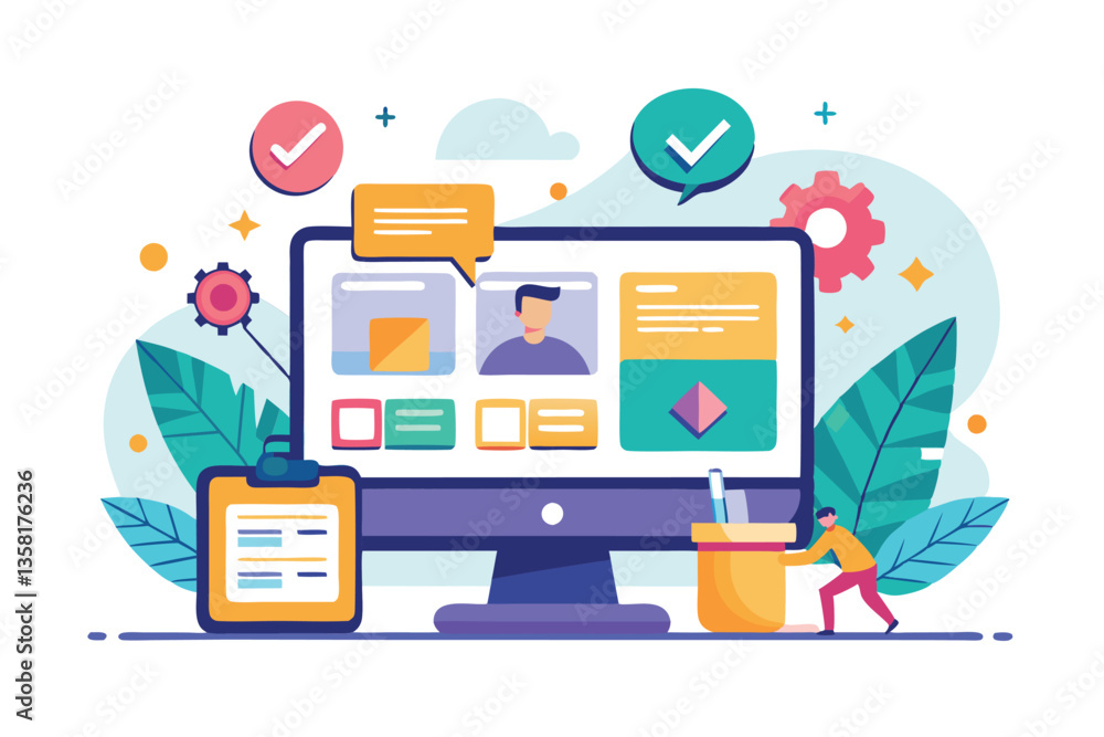 Poster a customizable semi-flat illustration of usability testing with a screen showing interface elements,