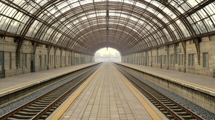 Obraz premium Long train platform beneath arched glass roof, rails lead into the distance, empty and still
