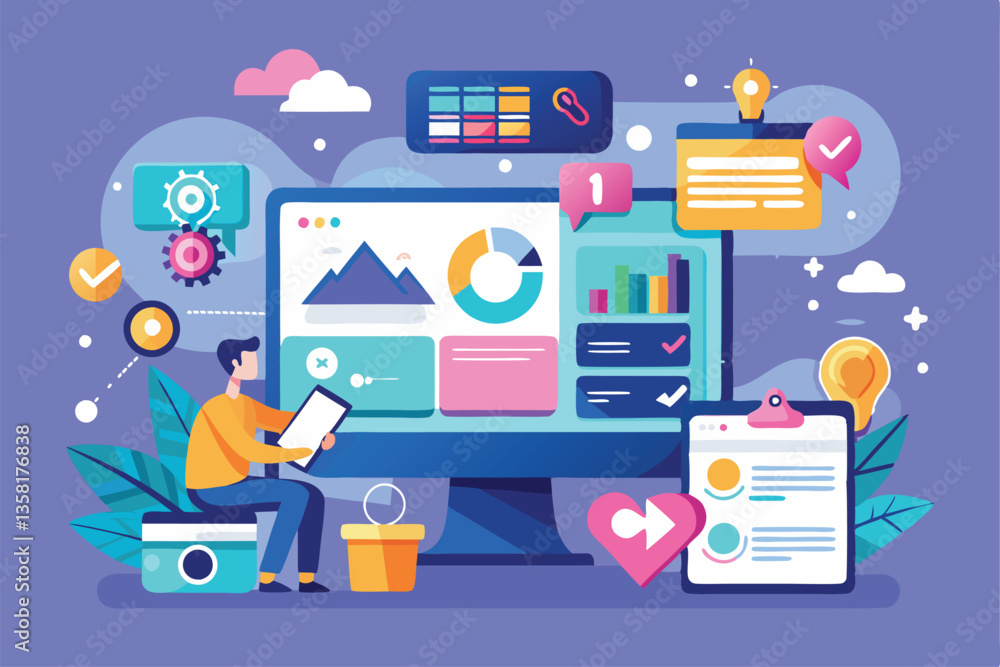 Poster a person engages with digital tools and analytics on screens while designing user experiences, user 