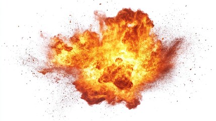 Fiery explosion with orange and red flames isolated on white background.
