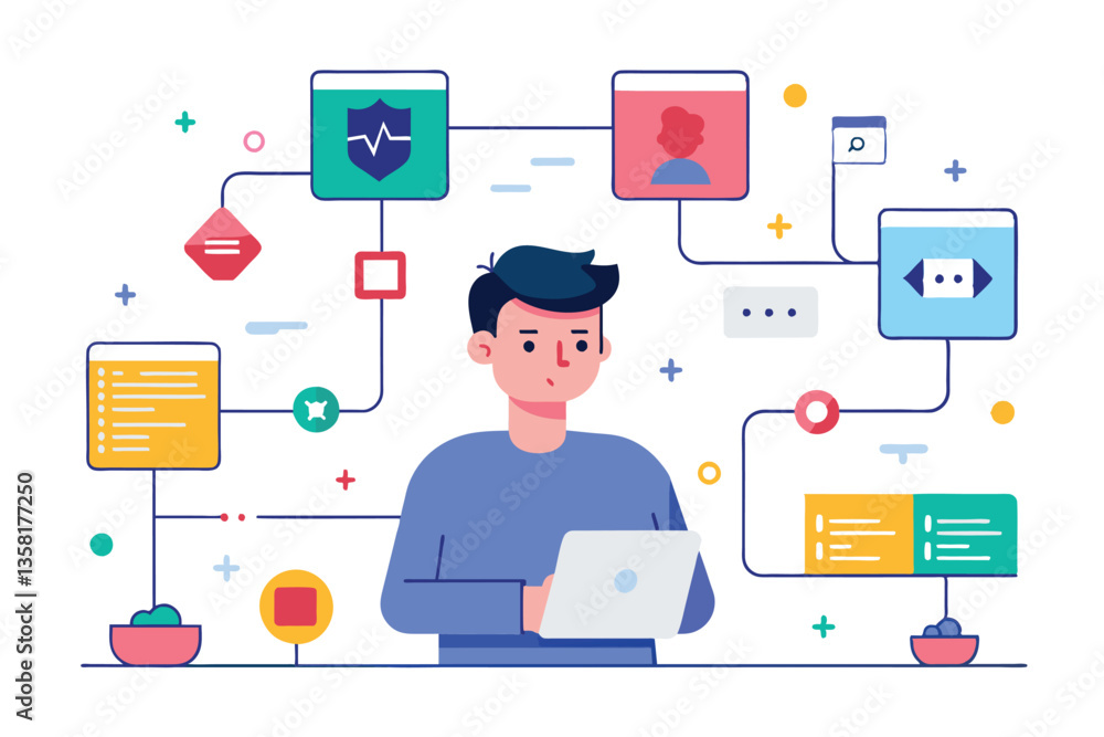 Poster a young man engaged in creating customizable user flows on his laptop with interactive elements arou