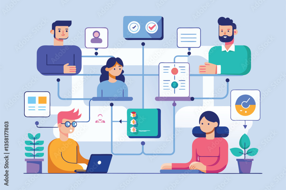 Poster a vibrant semi-flat illustration depicting a team engaging with customizable user flow elements and 
