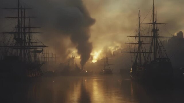 Smog and smoke billow from the titans back as it unleashes a barrage of energy blasts into the sky illuminating the darkened harbor while startled ships attempt to escape the impending