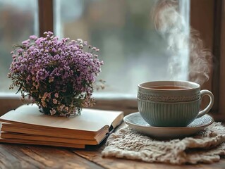 A beautiful composition featuring tea a book and flowers near window