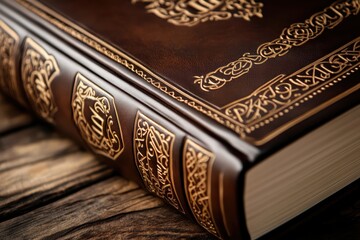 Antique Book with Leather Binding, Wooden Table, and Gold Lettering.