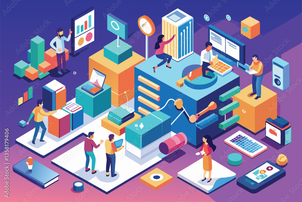 Poster dynamic isometric illustration showing diverse individuals engaging in user research within a creati
