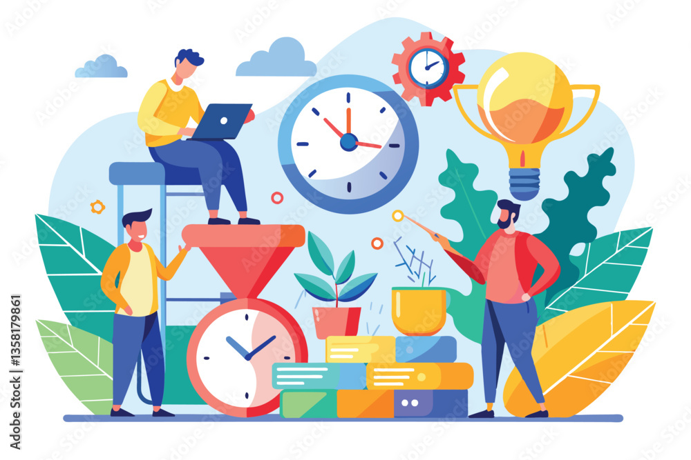 Poster team members engage in time management activities using tools while brainstorming in a vibrant works