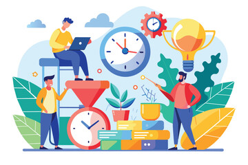 Team members engage in time management activities using tools while brainstorming in a vibrant workspace, Use the time for improvement trending