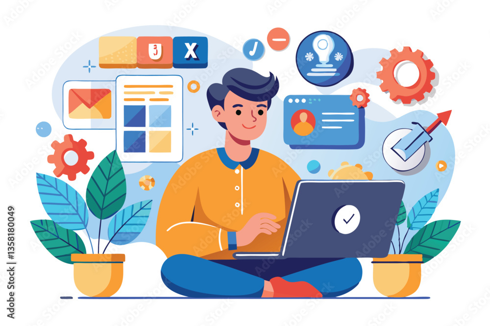 Poster a designer focuses on crafting a user-friendly interface while sitting in a relaxed workspace, ux an