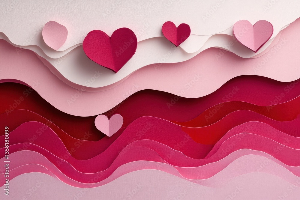 Leinwandbilder romantic layered paper cut background featuring floating hearts with soft red and pink gradients in 