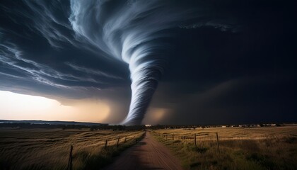 Nightfall reveals a swirling tornado spiraling through the darkened landscape with intensity