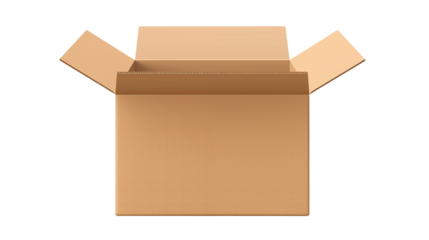 An open cardboard box with flaps extended against a solid black background in a studio shotisolated on transparent background	