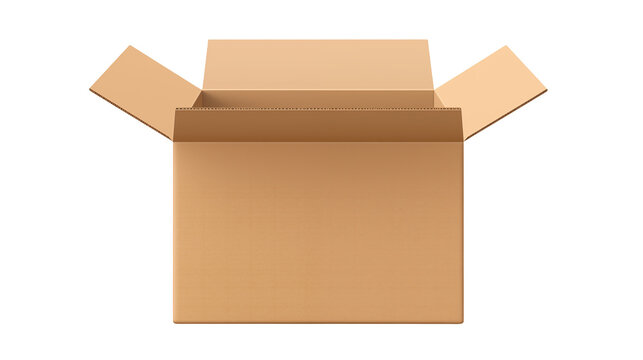 An open cardboard box with flaps extended against a solid black background in a studio shotisolated on transparent background	