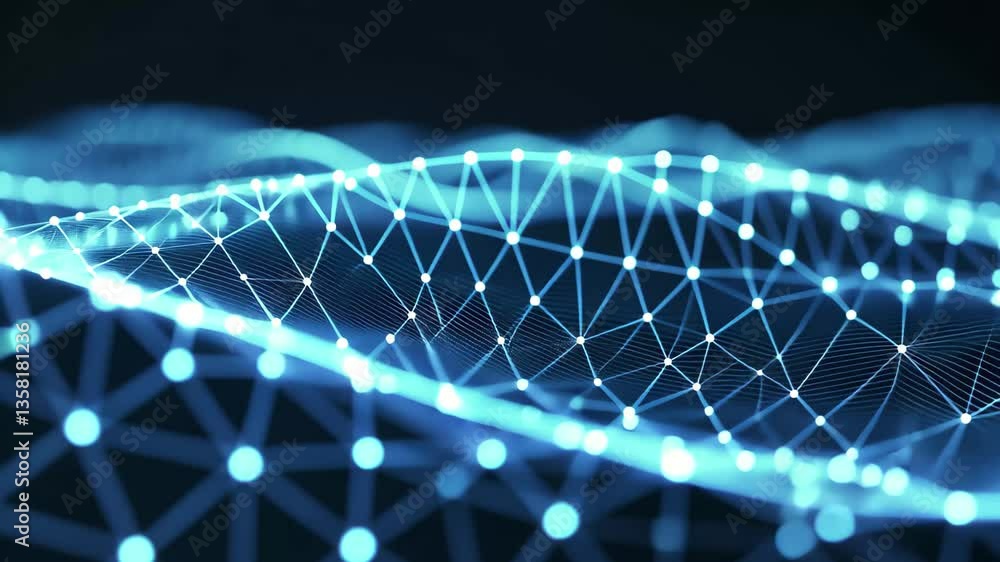 Poster an abstract futuristic digital background featuring interconnected nodes and lines creating a wave-l