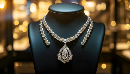 Elegant jewelry shop display with luxurious necklace. concept of high-end fashion, sophisticated style, glamorous accessories. copy space