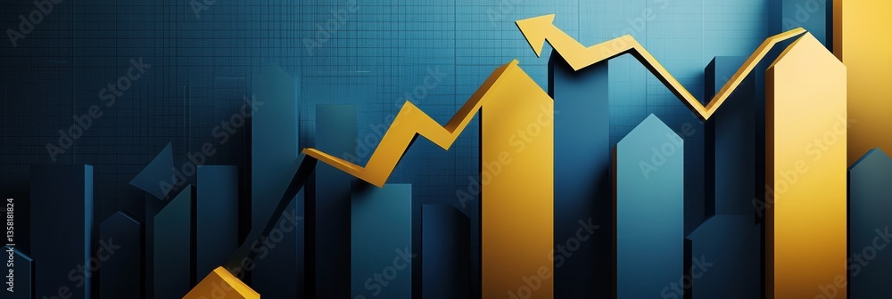 Poster modern business background featuring layered bar charts and upward arrows in gold and blue tones wit