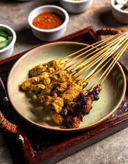Savory Indonesian satay skewers served with traditional sauces on a rustic wooden tray