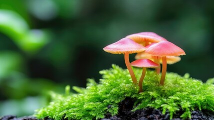 Fototapeta premium Tiny, vibrant pink mushrooms clustered on moss