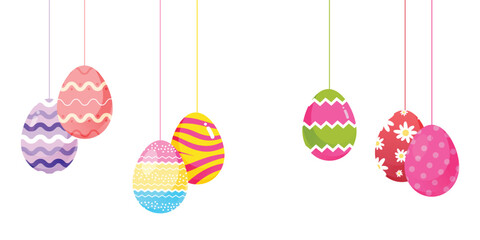 Easter eggs hanging decoration on white background. Happy easter greeting card. Can be used for poster, promotion, template, banner and background.