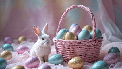 Cute easter bunny with glittery pastel eggs in a woven basket, on a pastel background with copy space
