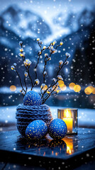 Easter eggs in knitted basket by alpine cabin window with snowy mountain view, cozy seasonal scene
