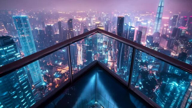 手すり越しに広がる夜の都市光景