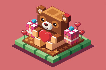 Fototapeta premium A cute isometric teddy bear holds a heart with gifts and decorations for Valentineâ€™s Day festivities, Valentine's day teddy bear Customizable Isometric Illustration