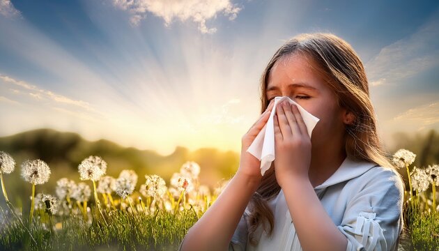 Young child struggles with spring allergy symptoms amidst blooming flowers at sunset