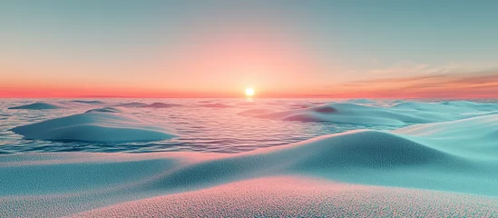 Selbstklebende Fototapeten An arctic landscape depicts snow and water at sunset with the sun © nditzmedia