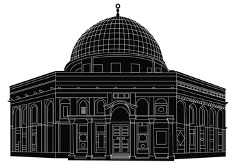 Detailed black and white architectural vector illustration of an Islamic mosque Al Aqsa structure, perfect for historical, cultural, and religious design projects. Ideal for prints, digital artwork.