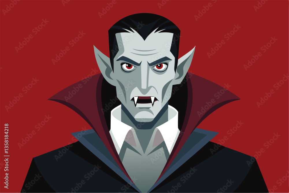 Poster a stylized vampire character showcasing sharp fangs and intense features in a vibrant red setting, v