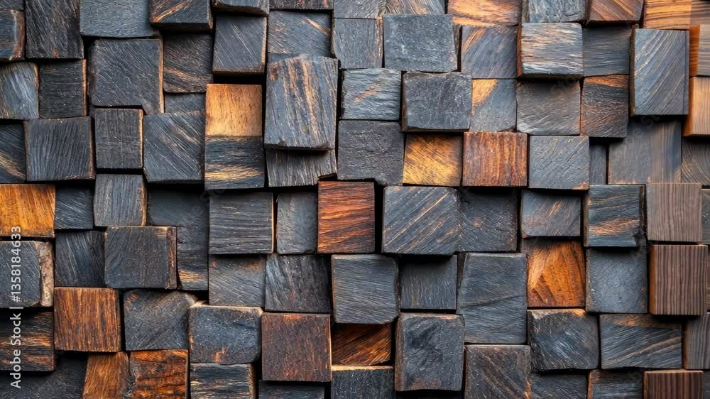 Poster Unique arrangement of dark and light wooden blocks creating a textured pattern on a surface