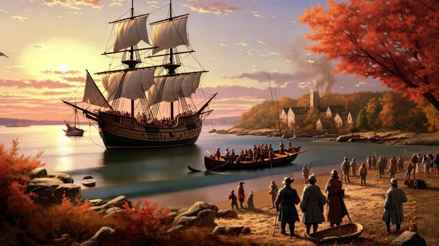 The Mayflower arrives in the New World at sunset, with early settlers gathering on a sandy shore amidst vibrant autumn foliage and distant colonial settlements