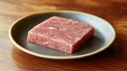 Fresh Raw Beef Cut on a Dark Plate Ready for Cooking and Culinary Presentation Close-Up View with Wooden Table Background