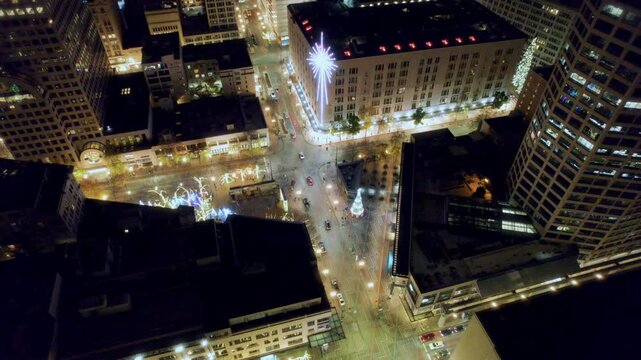 Seattle Westlake Center Aerial with Christmas Lights at Night