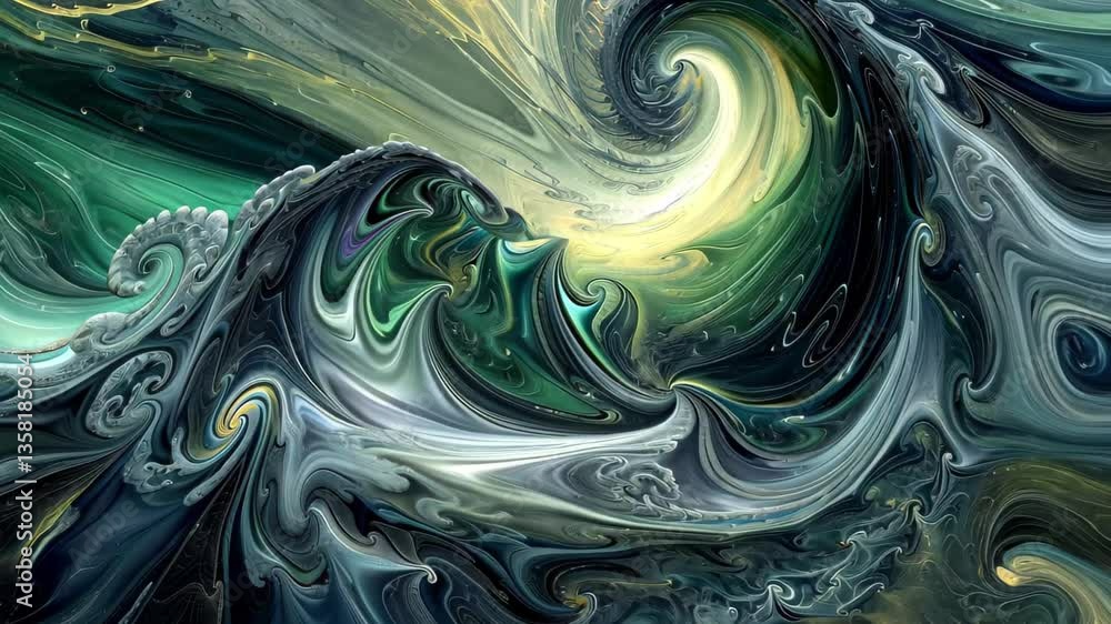 Poster explore the captivating dance of liquid and fractal patterns merging in a surreal landscape filled w