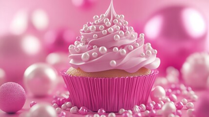 Delicious pink cupcake topped with swirls of frosting and decorative pearls on a vibrant pink background