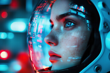 Futuristic Woman Astronaut in Helmet, Digital Art, Cyberpunk, Sci-Fi, Space, Technology, Portrait