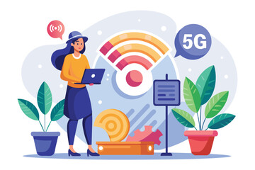 A woman stands with a laptop in a stylish office, examining 5G wifi network connectivity and devices, Vector 5G wifi network and female character