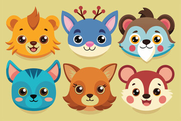 This collection showcases adorable animal faces in cheerful designs, featuring bright colors and cute expressions, Vector collection of cute animal heads
