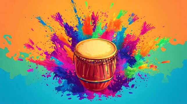 Festive Holi Design with Indian Drum for Celebrations and Festivals