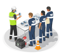chemical safety training session with industrial workers learning how to properly use respiratory protection masks isometric isolated
