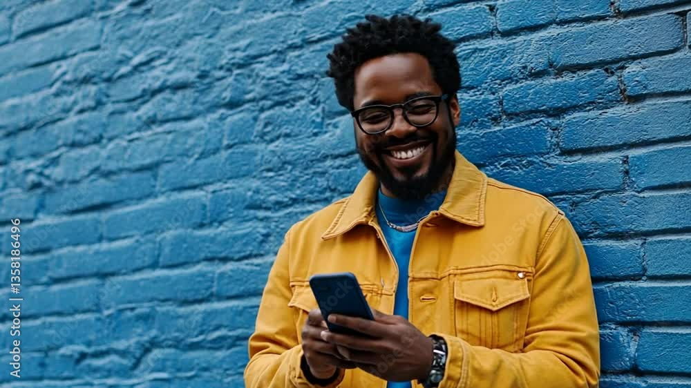 Aufkleber Handsome Afro Man Smiling While Using Mobile Phone Against Blue Wall Generative AI