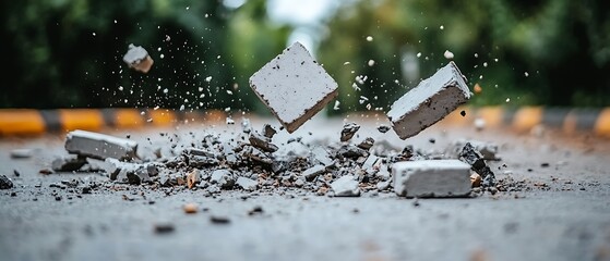 Concrete blocks and fragments breaking apart on asphalt pavement surface