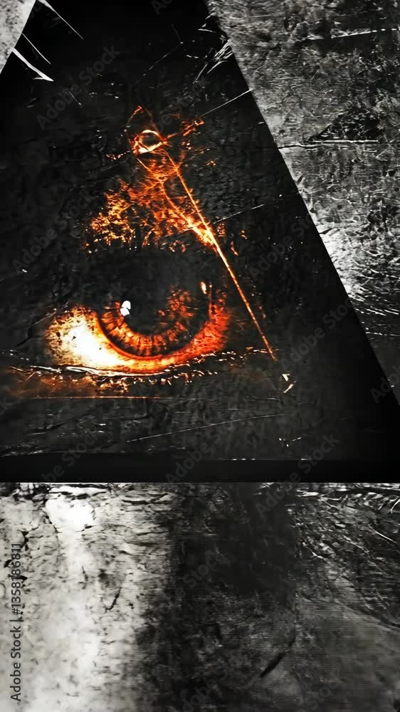 Poster intricate eye symbol within a triangular design illuminated by warm light against textured dark back