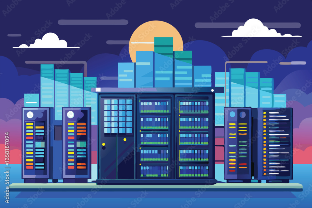 Aufkleber a vibrant flat design shows a big data center illuminated by the setting sun, featuring multiple ser